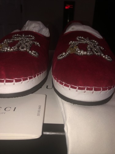 Pre-owned Gucci Men's Red Rosso Velvet Sneaker Loafer With Am Appliqué 12g 13us 574881