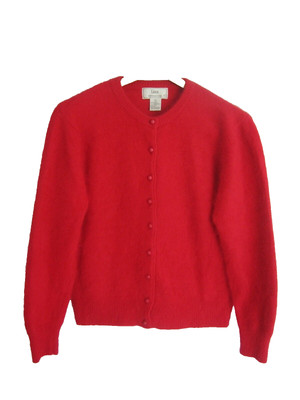 Vtg Lisa International Womens L Red 70% Angora Short Cardigan LS Sweater Soft
