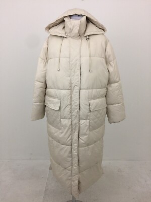Aligne Women's Puffer Jacket Ivory Hooded Vent Quilted Longline Zip New* F1