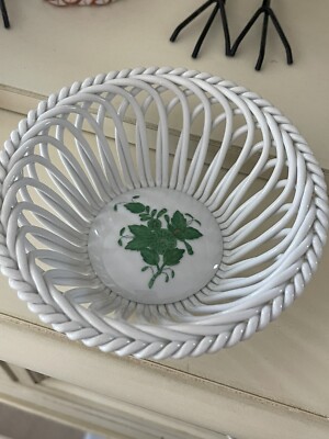 Herend Porcelain Round Open Weave Basket Herend Green Chinese bouquet  Dish