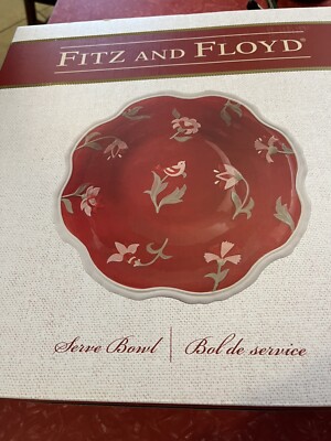 Fitz & Floyd Chalet 13'' Serving Bowl Red Hand Painted Flowers Bird Beautiful NEW