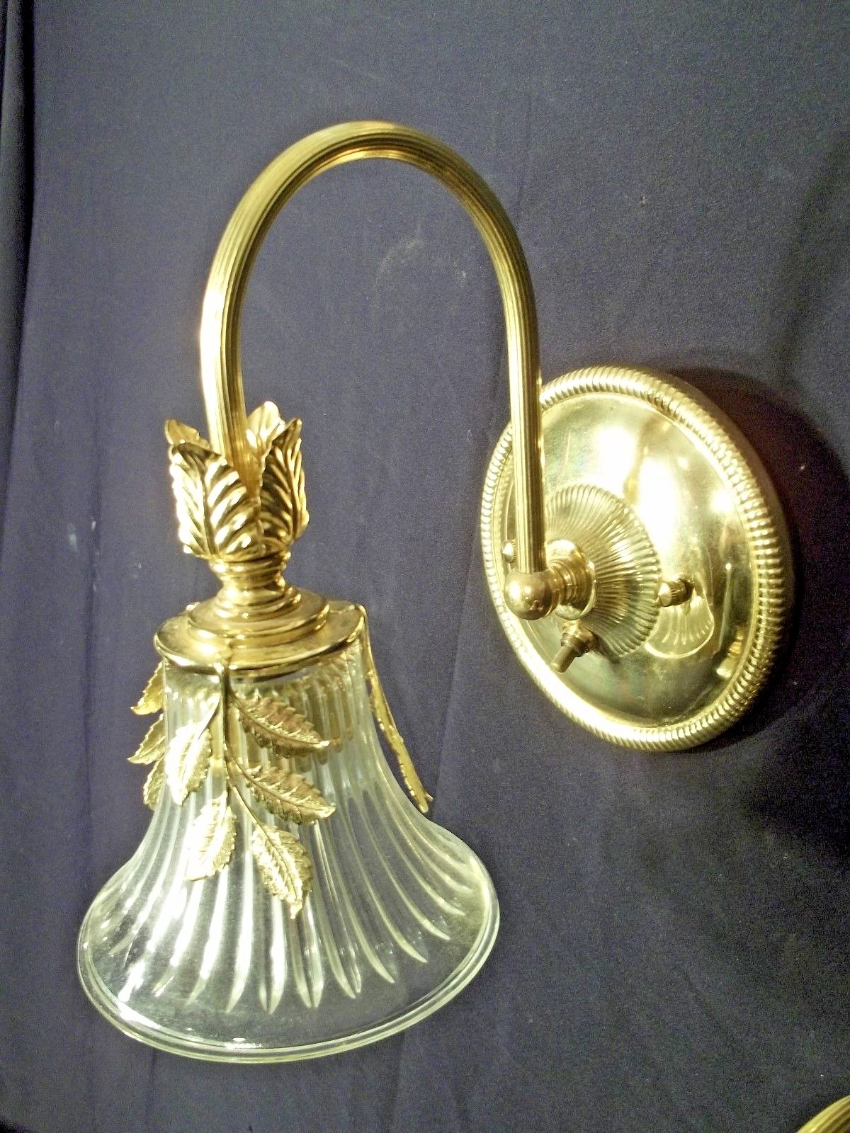 PAIR OF MID CENTURY MODERN BRASS FLORAL SCONCES WITH GLASS BELL SHADES