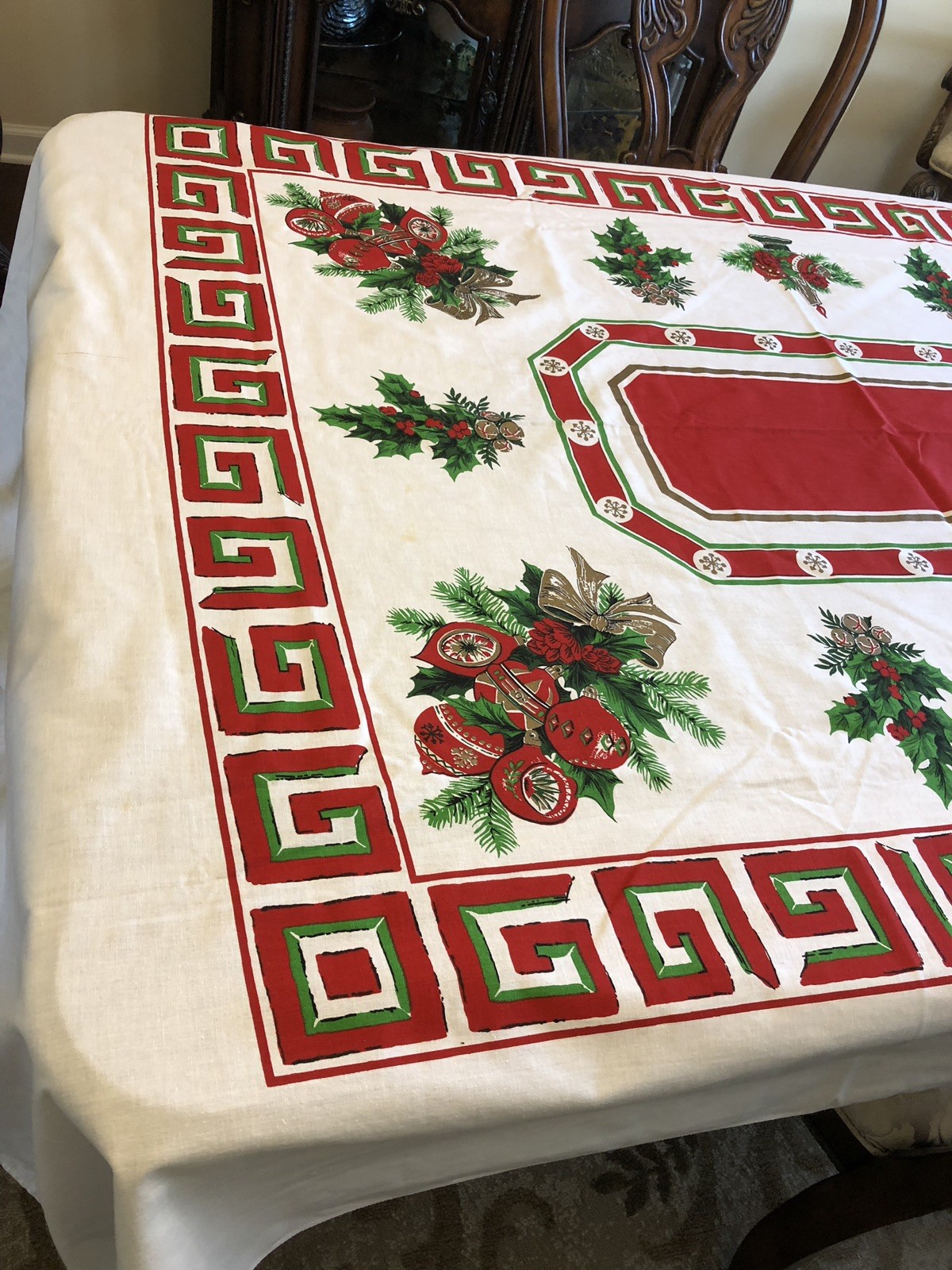 Vintage Cotton Blend Christmas Tablecloth Bows Ornaments Holly Berries 103
