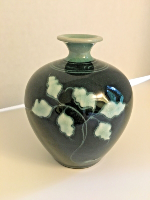 Korean inlay green, blue glaze porcelain vase, signed.  4 3/4 H