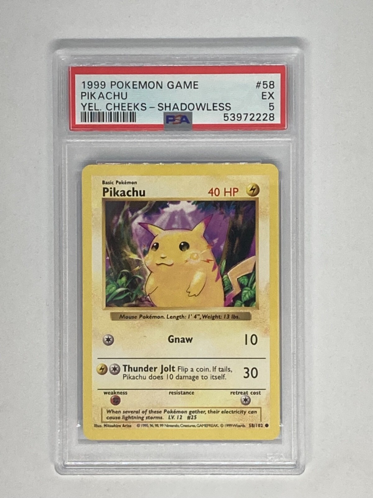 1999 Pokemon Base Set Shadowless Pikachu Yellow Cheeks 58/102