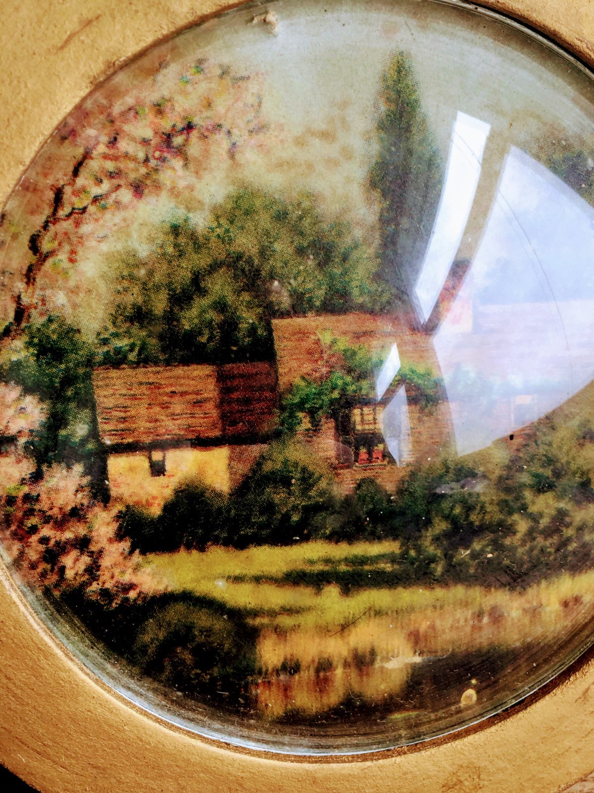 Antique Small Round Convex Glass Picture Cottage House Garden