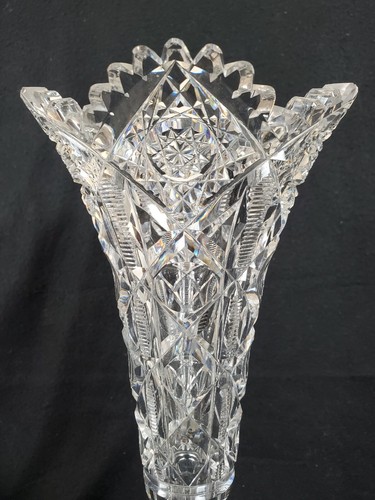 14 in American Brilliant cut Glass Vase Signed Hawks Navarre Pattern