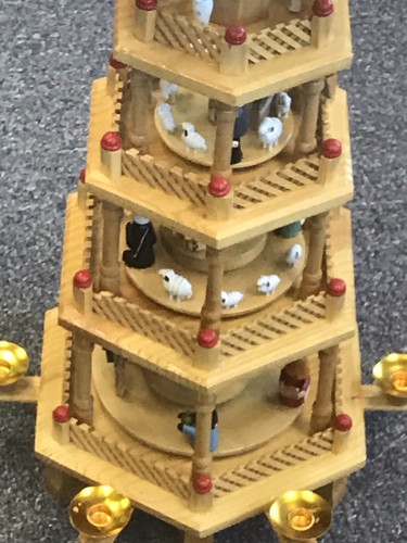 Vintage German 4-Tier Christmas Candle Nativity Scene Wooden Windmill Carousel