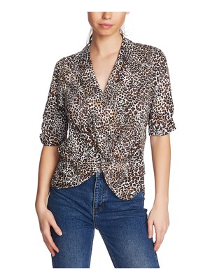 

1. STATE Женский коричневый топ с короткими рукавами и V-образным вырезом с животным принтом Размер