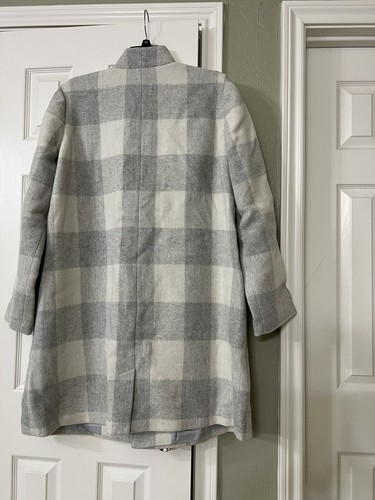 Pre-owned Eileen Fisher Xl  Darkpearl Wool Blend Multi Check Notch Collar Calf Len Coat In Gray