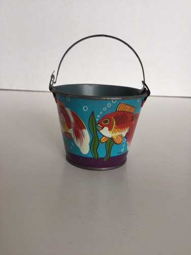Vintage Mini Tin Litho Sand Pail With Ocean And Fish Theme