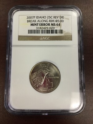 2007 P NGC Reverse Die Break Along Rim @5:00 Idaho State Quarter Mint Error MS64