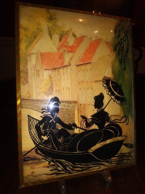 Convex or Domed Glass Picture Set Vintage or Antique Reversed Silhouette Shadow Picture Set