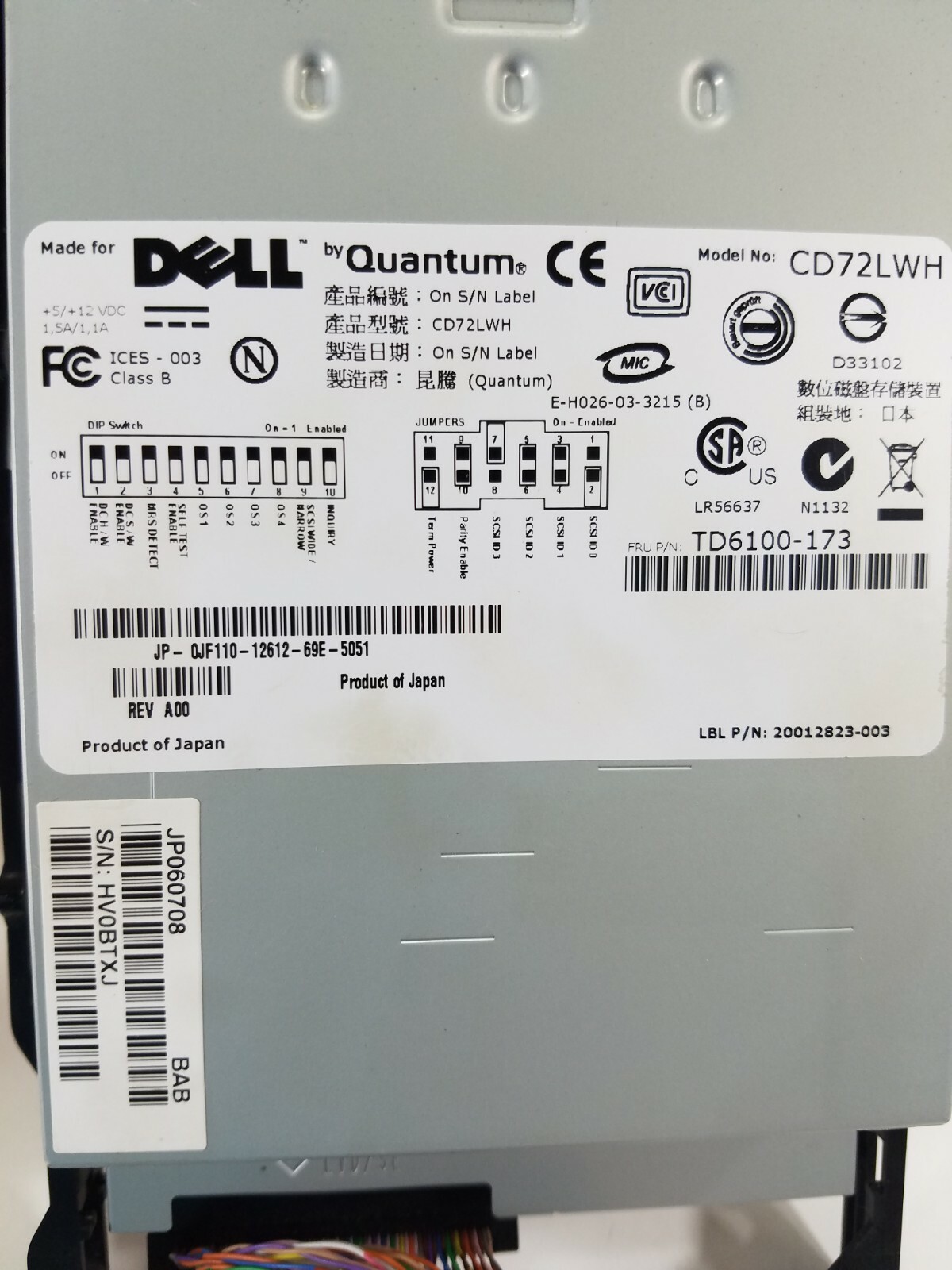 Dell Quantum CD72LWH Internal DAT72 SCSI Tape Drive FRU TD6100-154