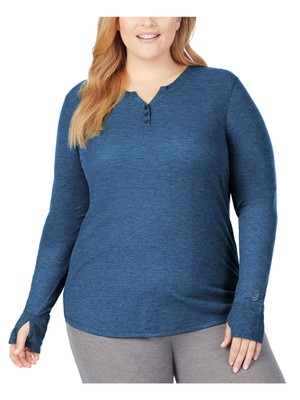 

CUDDL DUDS Женский синий термооблегающий топ с длинными рукавами Henley Thumbhole Plus