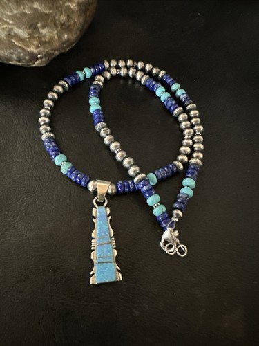 Pre-owned Handmade Mens Blue Turquoise Lapis Opal Pendant Navajo Sterling Silver Necklace 20" 17896