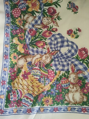 Vintage Rare Easter Tablecloth Bunnies Eggs Baskets 84x62 Cotton Made in Brazil
