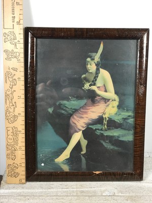 Vintage 1920 Wood Framed Fantasy Indian Maiden Fine Art Print fox arthur parrish