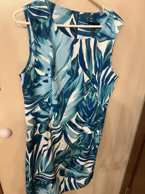 Connected Apparel Sleeveless Women Dress Aqua White Palm Frond Pattern Size 16