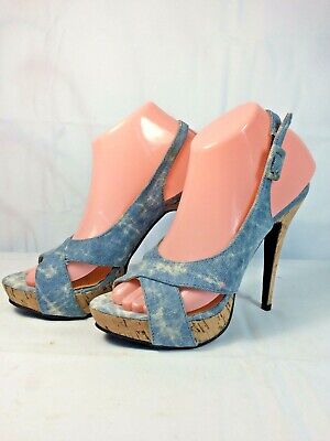 Women's Bumper Blue Denim Acid Wash Faux Cork Stiletto Sandal Sandal Sz. 7M