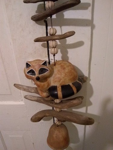 Signed Vintage H Olsen Raccoon Wind Chime Pottery and Driftwood dated 1989