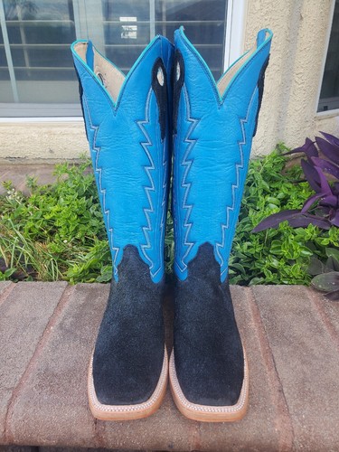 Mens Hand Made Western Cowboy Boots Black Rough Out Leather Sz # 9.5 E