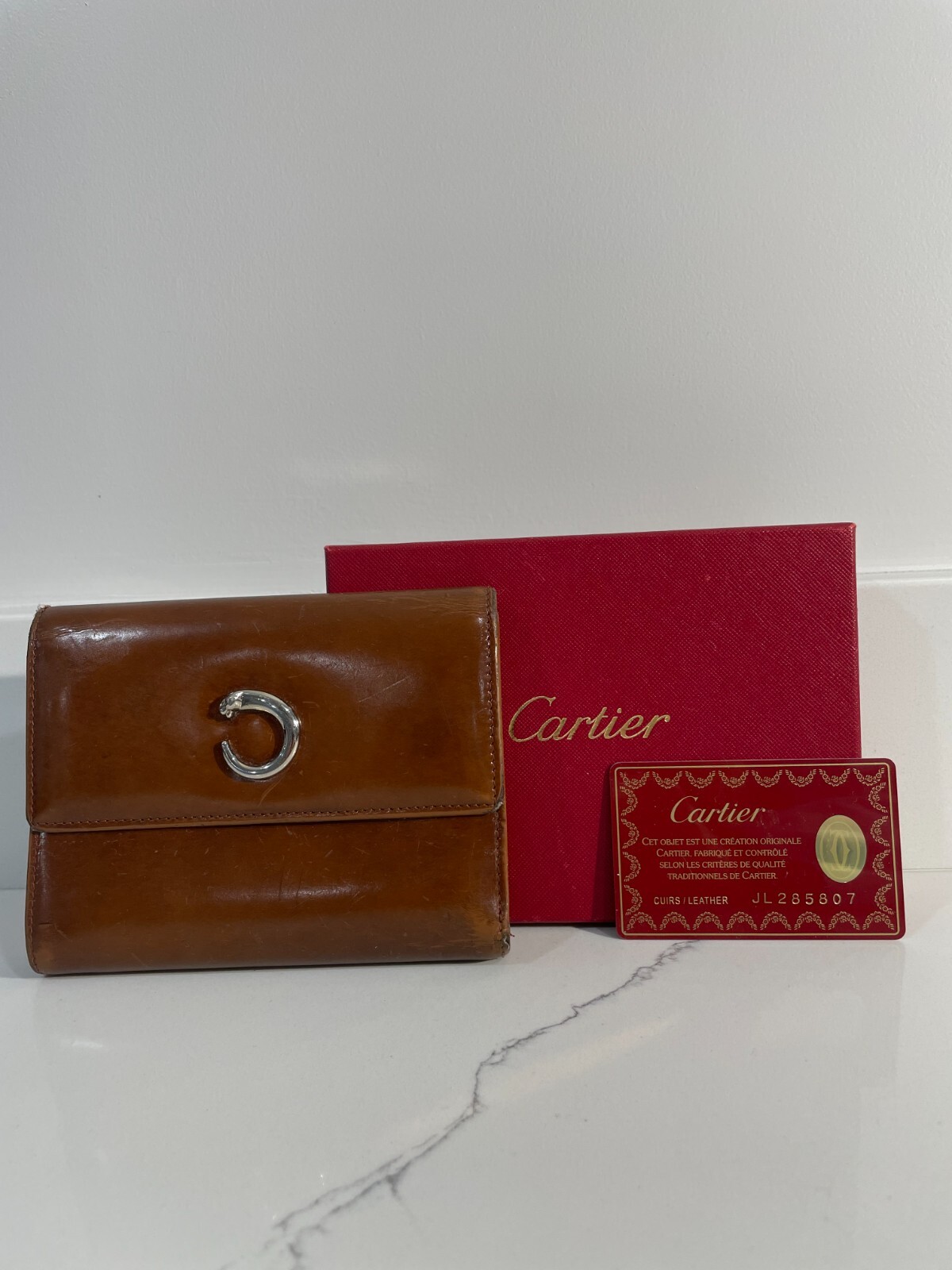 CARTIER VINTAGE PANTHERE TRIFOLD BROWN LEATHER WALLET ORG