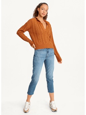

DKNY JEANS Женский коричневый текстурированный свитер в рубчик с воротником и длинными рукавами