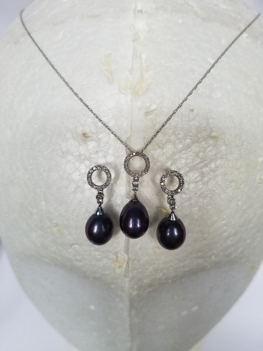 Estate 14K White Gold & Diamond & 10x8mm Black Pearl Earrings & Pendant