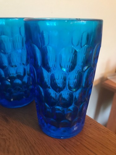 Fenton Cobalt Blue Thumbprint 12 Oz Water Glasses. Set Of 6 Stamped FENTON