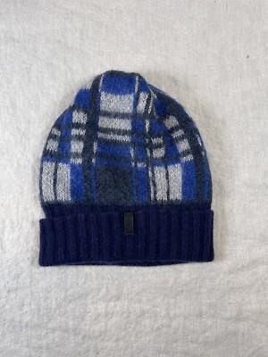 Emporio Armani Knit Beanie Hat Blue Black Plaid Size Medium