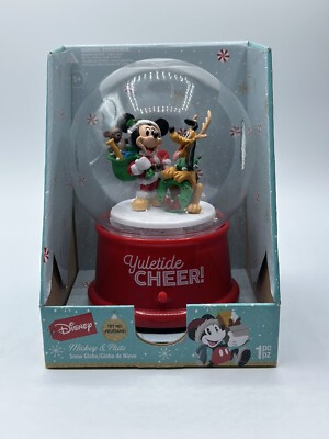 Disney Holiday Mickey and Pluto Battery Operated Music Snow Globe Figurine NEW