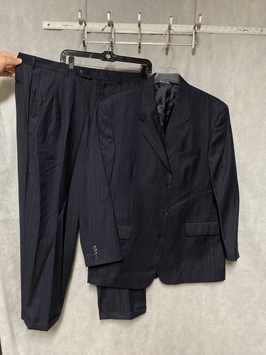 Adolfo Italy Men 3 Button Suit 44R Blue Striped Super 120'S Wool Pants 38 Luxury
