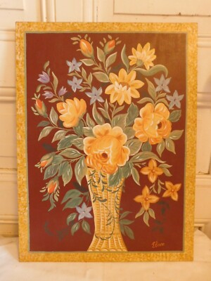 Eliane Oil On Panel '' Bouquet of Flowers Whose Roses IN Un Vase '' Nature Death