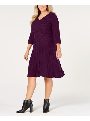 CONNECTED APPAREL Womens 3/4 Sleeve V Neck Knee Length Evening Fit + Flare Dress