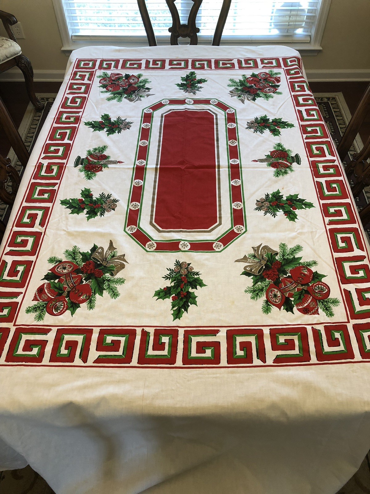 Vintage Cotton Blend Christmas Tablecloth Bows Ornaments Holly Berries 103