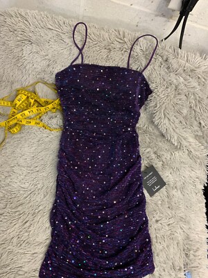 Lulus Flirty Vibes Purple Multi Sparkly Ruched Bodycon Mini Dress NWT Sz XS