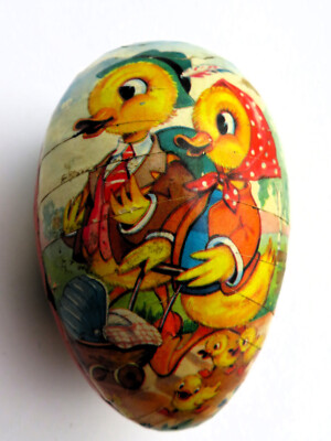 Vintage German Easter Egg Candy Container Duck Family Paper Mache GREAT GRAPHIC!