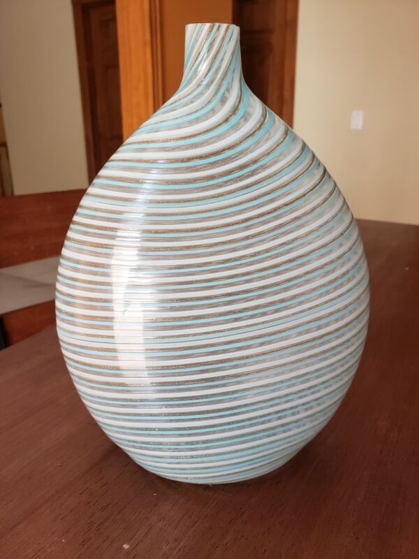 Antique Murano Glass Mezza Filligrana Bottle Vase Blue White Aventurine