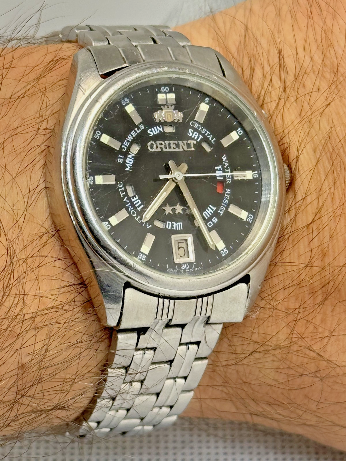 Orient 3 Star EM5J C0 Automatic Watch Black Dial 39mm Vintage