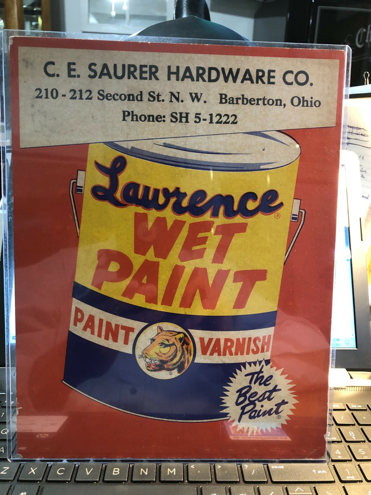VINTAGE STORE SIGN C.A.SAURER HARDWARE CO LAWRENCE WET PAINT BARBERTON