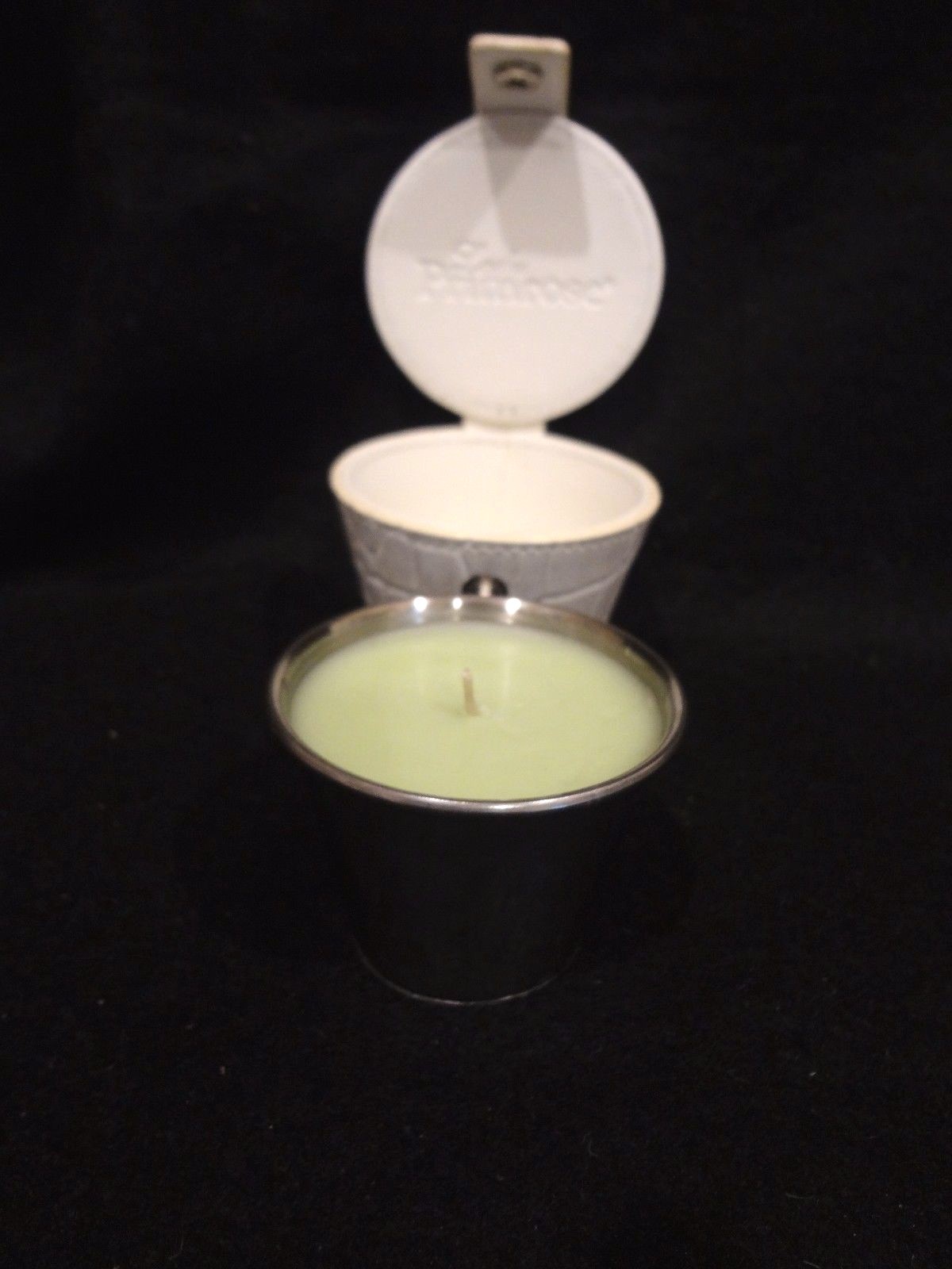 LADY PRIMROSE TRAVEL VANITY CANDLE ~ Stainless Cup with White Leather Case - NEW
