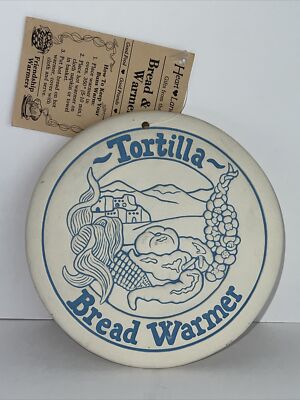 VTG Blue Tortilla Bread Ceramic Warmer Lyn Ulick 1990 Heartland Studios Signed 