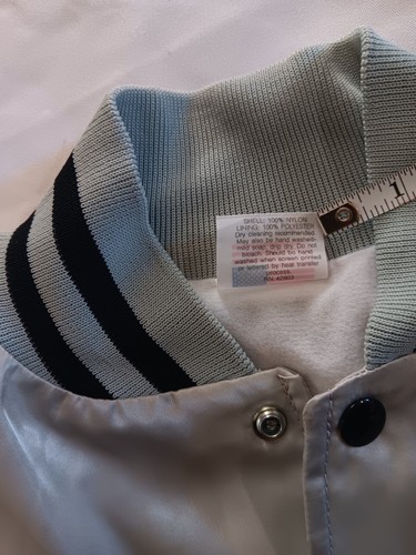 Vtg Bomber Jacket Silver Black Lined M L XL NWOT Satin USA Retro Sports 80s 90s