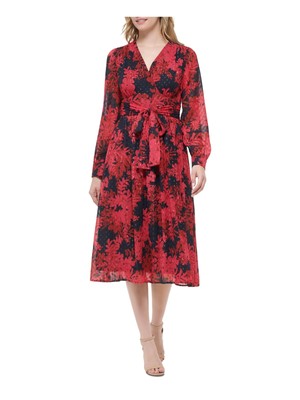 TOMMY HILFIGER Womens Navy Lined Attached Tie-belt Cuffed Sleeve Midi Dress 12