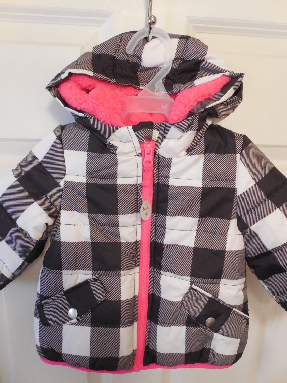 Carter's Winter Jacket,  Girls Size 12 Mos,  Black & White Check with Pink Hood