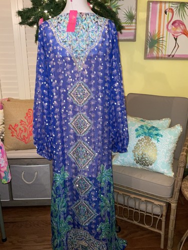 Pre-owned Lilly Pulitzer Jupiter Silk Maxi Caftan Blue Fan Favorite $548 S/m, L/xl In Multicolor