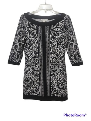 White House Black Market Dress 3/4 Sleeve Stretch Black White MED Retro 60's 