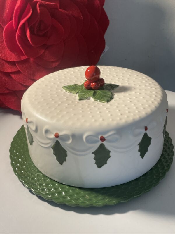 Holly Berry Covered Cake Plate - Vanilla Christmas Hand Painted -Portugal