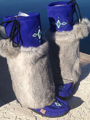 Pre-owned Laurentian Chief Canadian Tall Suede Royal Blue Mukluk Gray Rabbit Fur